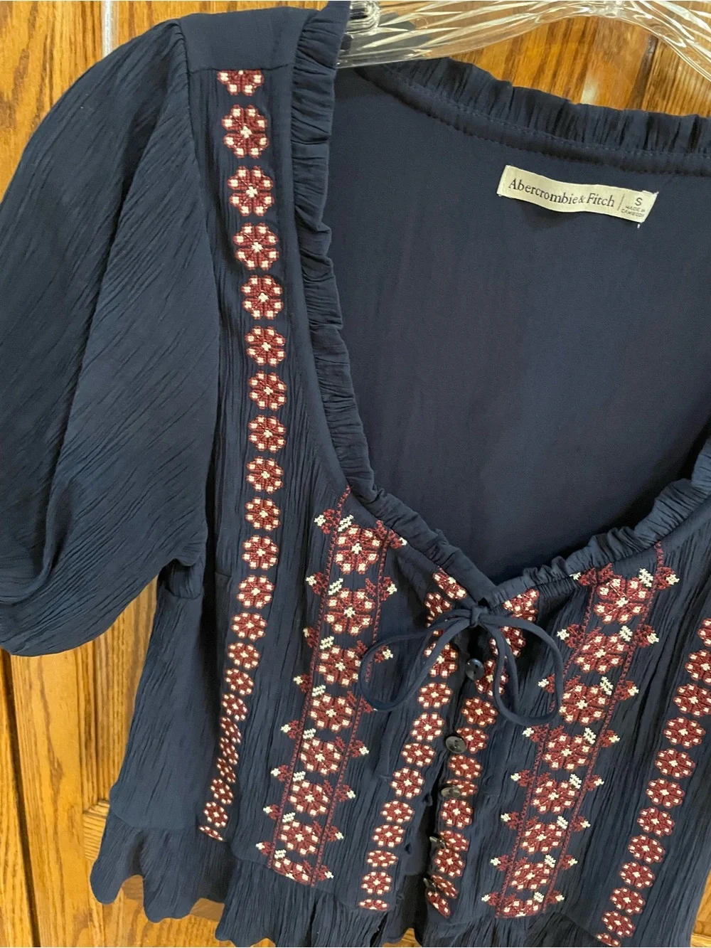 Abercrombie & Fitch Navy Embroidered Tie-Front Peasant Top